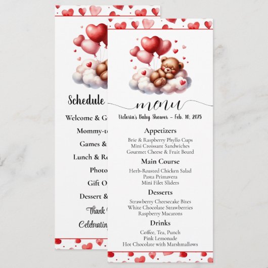 Valentijnsbeer Babyshower Menu en Programma (Voorkant / Achterkant)