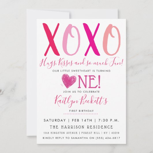 Valentijnsdag 1e verjaardag Hugs & Kisses (XOXO) Kaart (Voorkant)