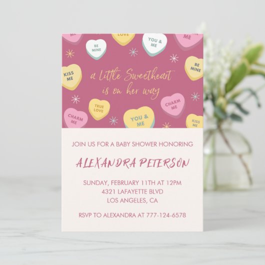 Valentijnsdag baby shower kleurrijk snoep hart kaart (Staand voorkant)