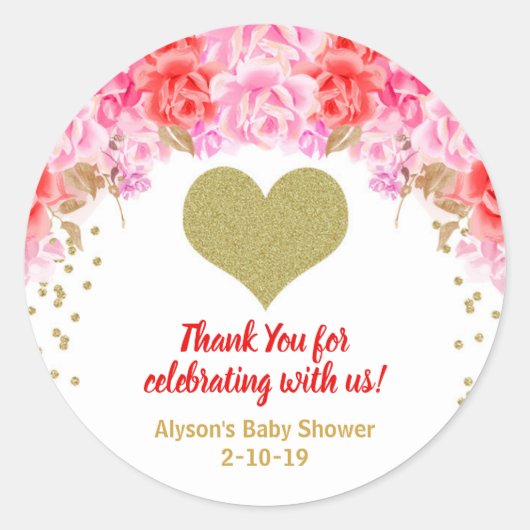 Valentijnsdag baby shower stickers, roze rood goud ronde sticker (Voorkant)