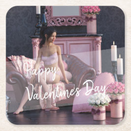 Valentijnsdag Beauty in Lingerie op de bank Vierkante Kartonnen Onderzetter