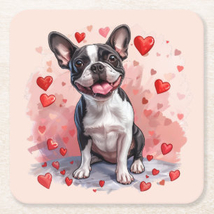 Valentijnsdag Boston Terrier Dog Vierkante Kartonnen Onderzetter