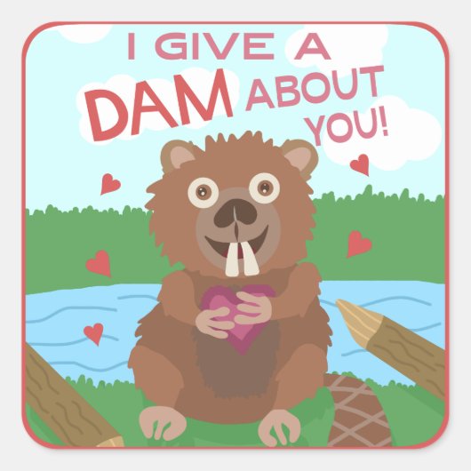 Valentijnsdag Cute Beaver geeft dam Pun Funny Vierkante Sticker (Voorkant)