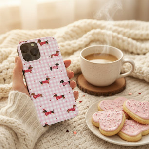 Valentijnsdag Dachshund Cute Roze Gingham Hart Hon iPhone 13 Pro Max Hoesje