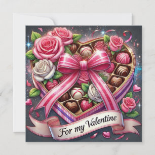 Valentijnsdag Doos met Chocolade en Rozen  Feestdagenkaart