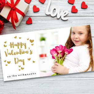 Valentijnsdag Foto Glitterig Goud Glanzende Harten Feestdagenkaart