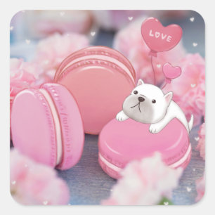 Valentijnsdag: Franse Bulldog, Macarons & Flower Vierkante Sticker