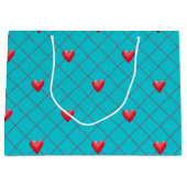 Valentijnsdag Gift Bag, Red Hearts, Aqua Pattern Large Cadeautasje (Voorkant)