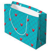 Valentijnsdag Gift Bag, Red Hearts, Aqua Pattern Large Cadeautasje (Achterkant Gekanteld)