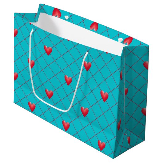 Valentijnsdag Gift Bag, Red Hearts, Aqua Pattern Large Cadeautasje (Voorkant Gekanteld)