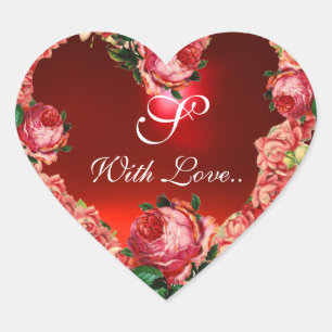 VALENTIJNSDAG HART MET PINKROSES MONOGRAM STICKER