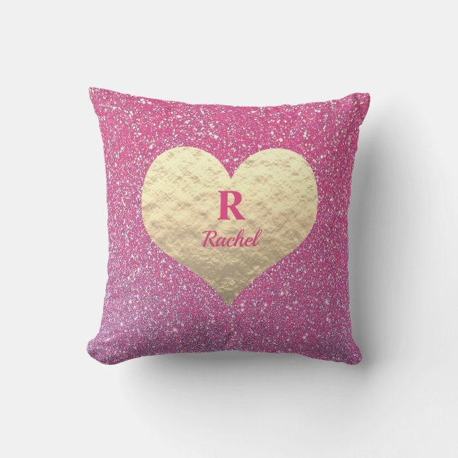 Valentijnsdag Hart Monogram Goud Roze Glitters Buitenkussen (Voorkant)