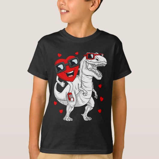 Valentijnsdag Hart Rijden Dinosaurus T Rex Fun Boy T-shirt (Voorkant)