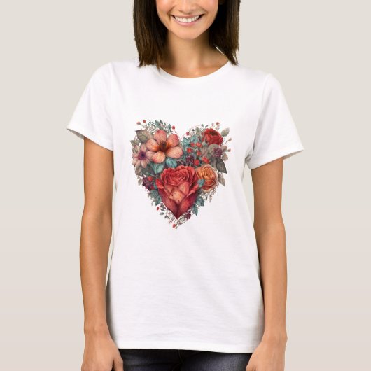 Valentijnsdag Heart en Flowers T-shirt (Voorkant)