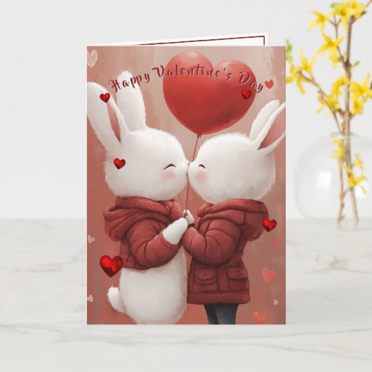 Valentijnsdag kaart Konijntjes Rode Harten (Gele Bloem)