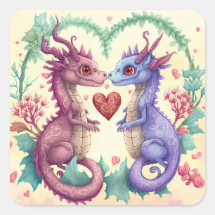 Valentijnsdag Kaart van Violet Dragon Couple Vierkante Sticker