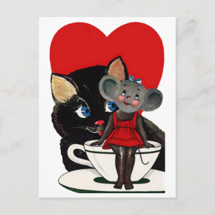  Valentijnsdag, kat-muis-theebeker Feestdagenkaart