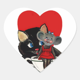Valentijnsdag, kat-muis-theebeker Hart Sticker
