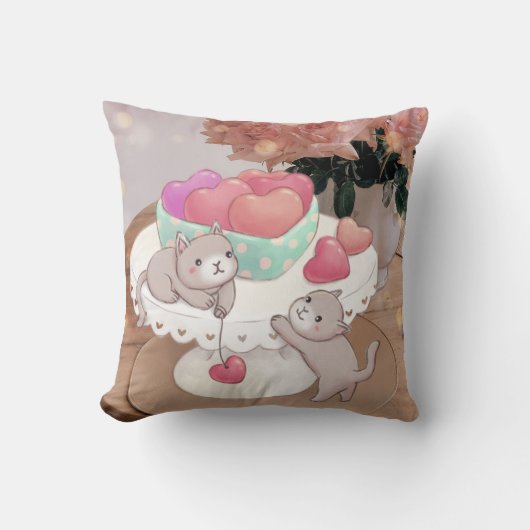 Valentijnsdag: Katten, Hartkoekjes & Bloemen Kussen (Voorkant)