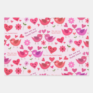 Valentijnsdag liefdes vogels patroon rood en roze  inpakpapier vel