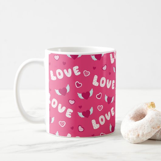 Valentijnsdag Love Hearts Pink Red Pattern Koffiemok (Met donut)