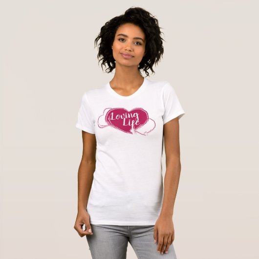 Valentijnsdag Loving Life Triple Hot Pink Heart T-shirt (Voorkant volledig)