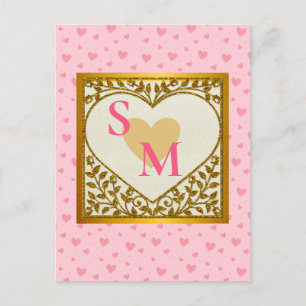 Valentijnsdag met rode initiaal en gouden hart briefkaart