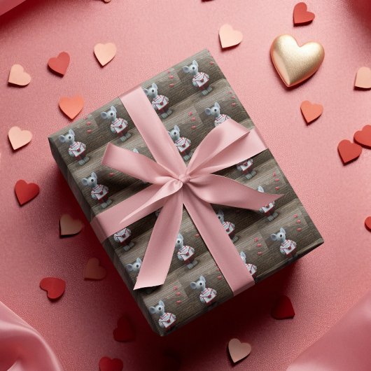 Valentijnsdag Mouse Red Hearts Rustic Wood Cadeaupapier