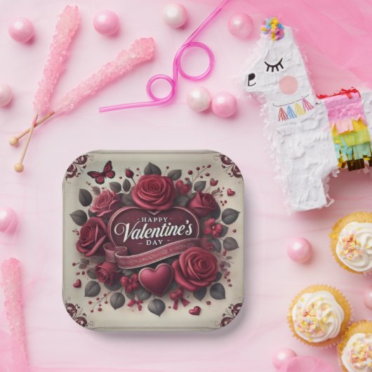 Valentijnsdag ontwerp met Rozen en hart Papieren Bordje (Feest)
