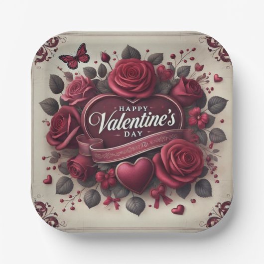 Valentijnsdag ontwerp met Rozen en hart Papieren Bordje (Voorkant)