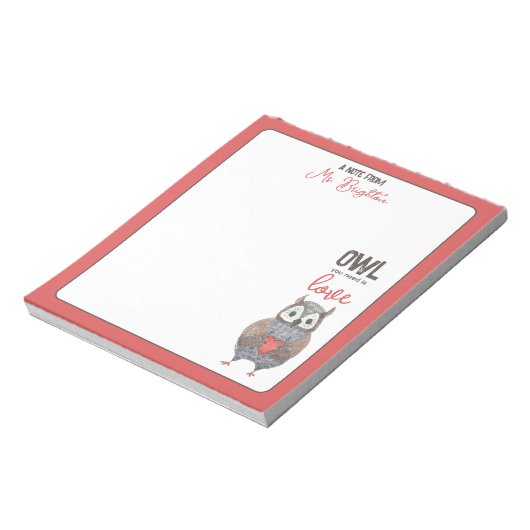 Valentijnsdag Owl Teacher Gift Notitieblok (Gedraaid)