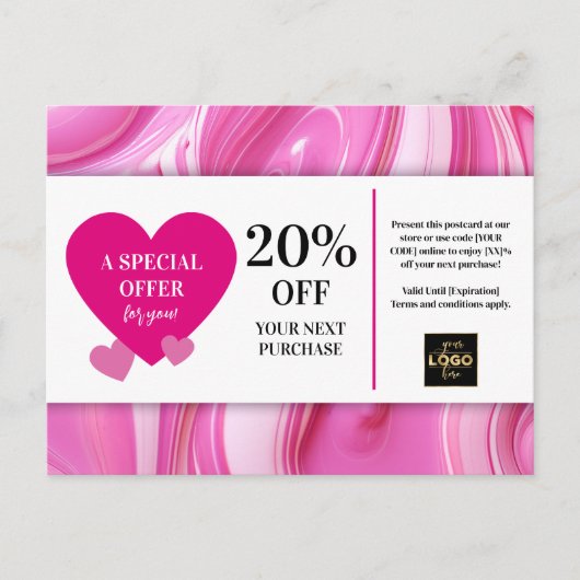 Valentijnsdag Pink Swirls Coupon Korting Briefkaart (Voorkant)