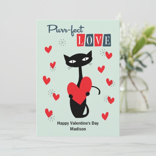 Valentijnsdag Retro Mid Century Cat Feestdagenkaart (Staand voorkant)