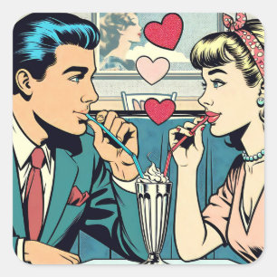 Valentijnsdag   Retro paar Drink milkshakes Vierkante Sticker