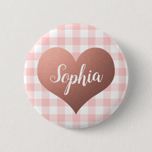 Valentijnsdag Rood Gingham Hart Aangepaste Naam Ronde Button 5,7 Cm