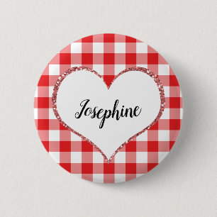 Valentijnsdag Rood Gingham Hart Aangepaste Naam Ronde Button 5,7 Cm