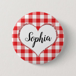 Valentijnsdag Rood Gingham Hart Aangepaste Naam Ronde Button 5,7 Cm