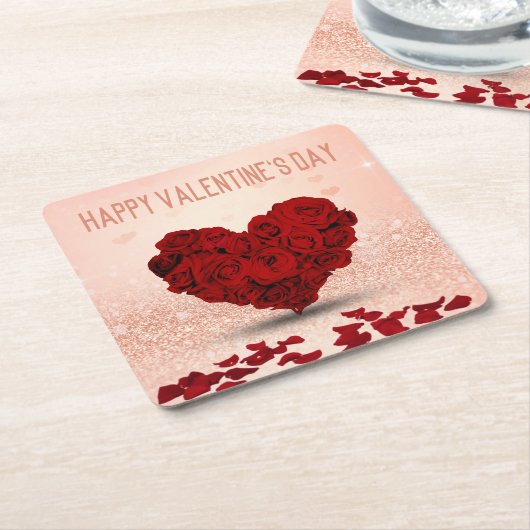Valentijnsdag Roos Hart Boeket - Papier Onderzette Vierkante Kartonnen Onderzetter (Schuin)