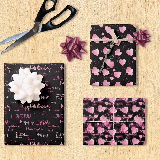 Valentijnsdag Roze en Black Hearts Script love Inpakpapier Vel