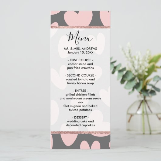 Valentijnsdag Roze Grijs Romantische Harten Menu (Staand voorkant)