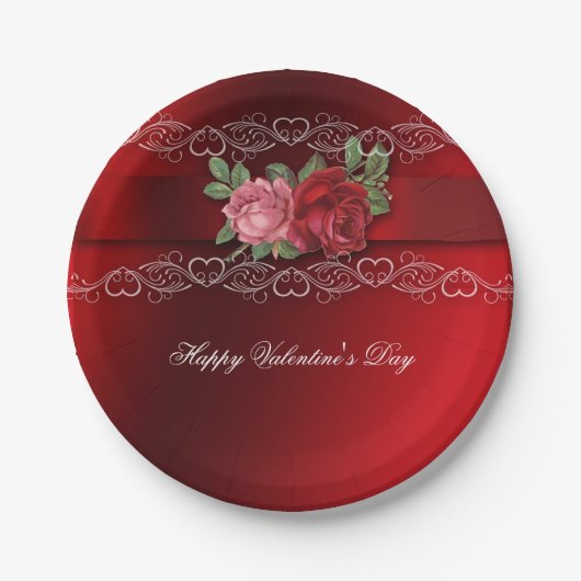 Valentijnsdag  Roze Rozen Wit Hart Papieren Bordje (Voorkant)