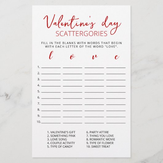 Valentijnsdag Scattergories editable game (Voorkant)