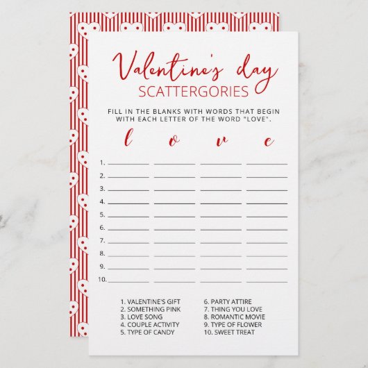 Valentijnsdag Scattergories editable game (Voorkant / Achterkant)