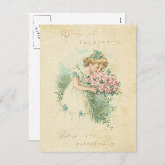 Valentijnsdag Schattige Meisje Roze Rozen Liefde Feestdagenkaart (Voorkant / Achterkant)