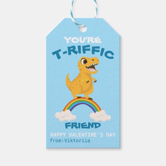Valentijnsdag School Boys Dinosaur T-Rex Rainbow Cadeaulabel (Voorkant)