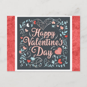 Valentijnsdag  Script Red Heart Floral Briefkaart