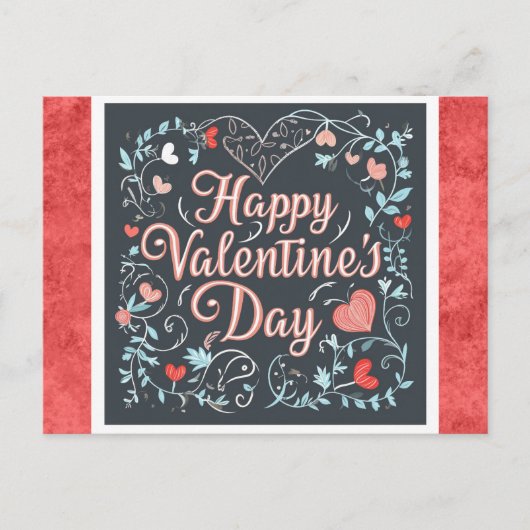 Valentijnsdag Script Red Heart Floral Briefkaart (Voorkant)