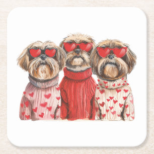 Valentijnsdag Shih Tzu Dogs Vierkante Kartonnen Onderzetter
