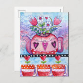 Valentijnsdag Tea Pot en Whimsical Hearts Feestdagenkaart (Voorkant / Achterkant)