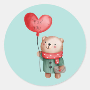 Valentijnsdag teddy - beer houdt liefdesballon aan ronde sticker
